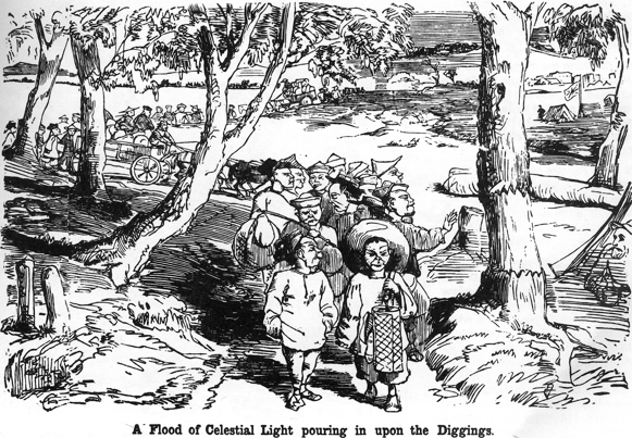 Cartoon, 'A Flood of Celestial Light pouring in upon the Diggings', reproduced from the Melbourne Punch, 1857.
