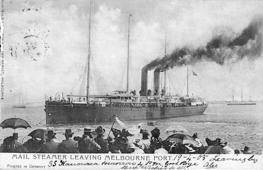 Postcard, 'Mail Steamer Leaving Melbourne Port', circa 1903. Steam stacks and sail capacity are clearly evident.