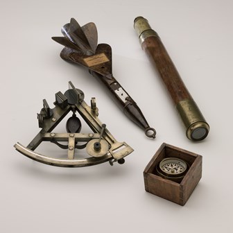 Navigational instruments: sextant, nautical telescope, marine compass and ship's log