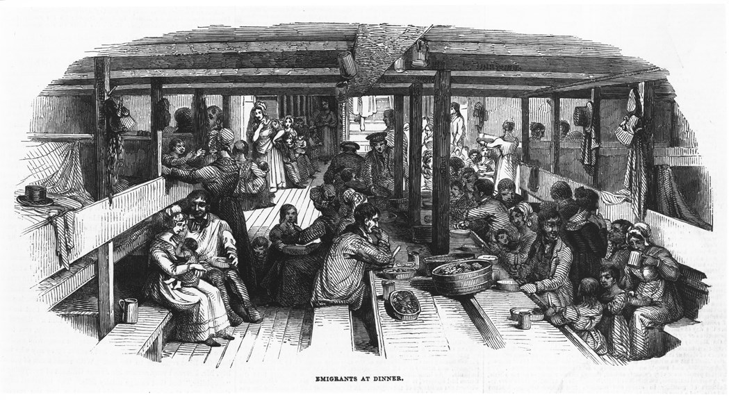Illustration showing married couples' accommodation in steerage: bunks to the left and right; central table; light from the uncovered hatch, from Illustrated London News, 13 April 1834.