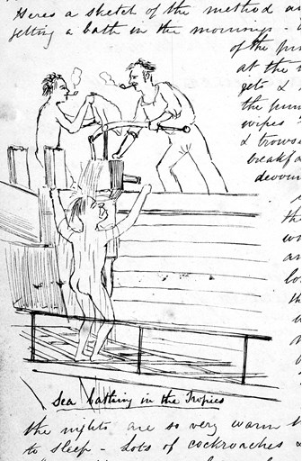 'Sea bathing in the Tropics', sketch from Edward Snell's diary on the Bolton, London to Melbourne, 1849