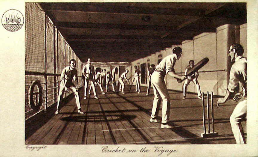 'Cricket on the Voyage', from a bound album of postcards published by Peninsular and Oriental Steam Navigation Co., depicting some of the activities engaged in on a voyage east via the Suez Canal, in about 1915.
