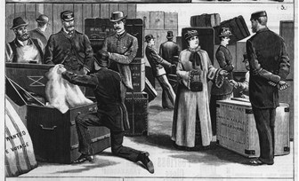 Illustration of customs officers examining baggage