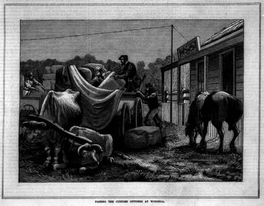 Officers examining crates on horse-drawn wagon