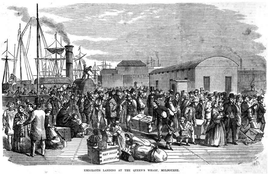 Crowds of families their goods disembarking at a port