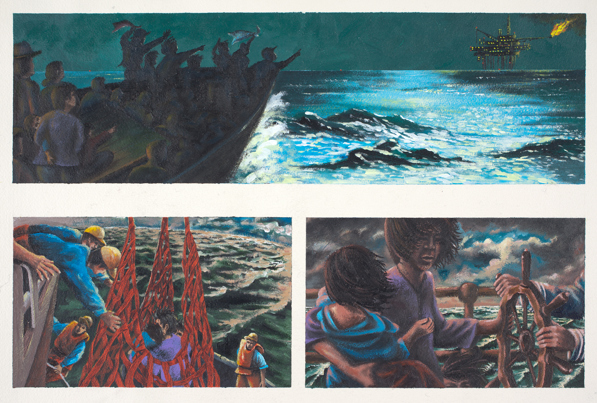 "Rescue" by Thomas Le, a pencil drawing circa 1998 which depicts the rescue of Mai Ho and her fellow refugees by a British oil rig.
