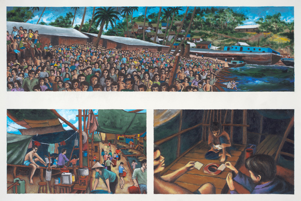"Life in the Camp" by Thomas Le, a pencil drawing circa 1998 which depicts the time spent by Mai Ho and her family in a Malaysian refugee camp.