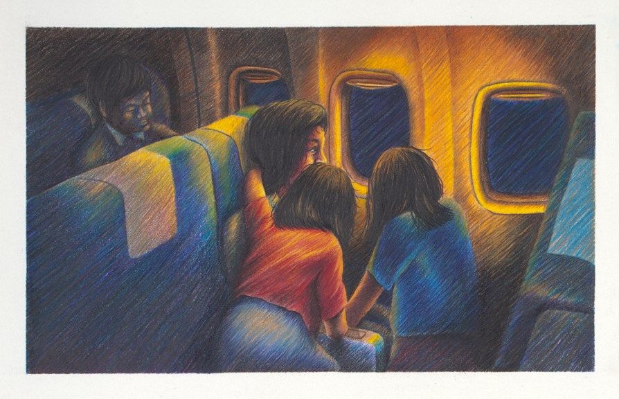 Detail from "Settling in Australia" by Thomas Le, a pencil drawing circa 1998 which depicts the journey of Mai Ho's family to Australia and shows their first few months here.