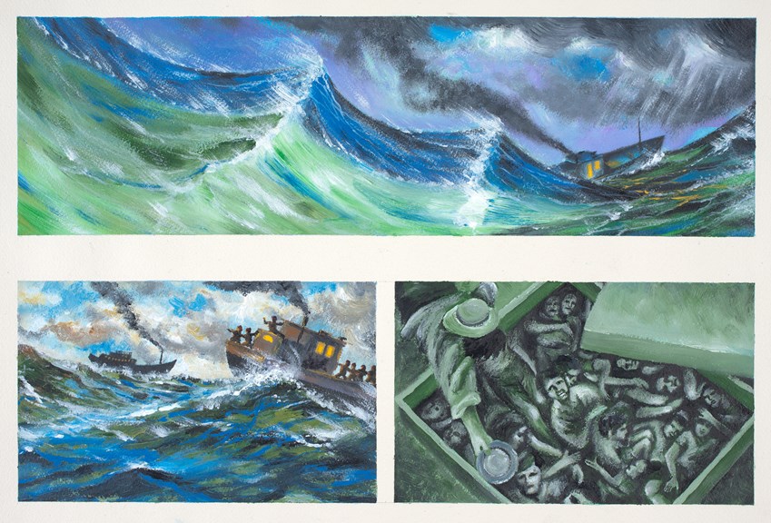 "On the Ocean" by Thomas Le, a pencil drawing circa 1998 which depicts the five nights spent at sea by Mai Ho and her fellow refugees.