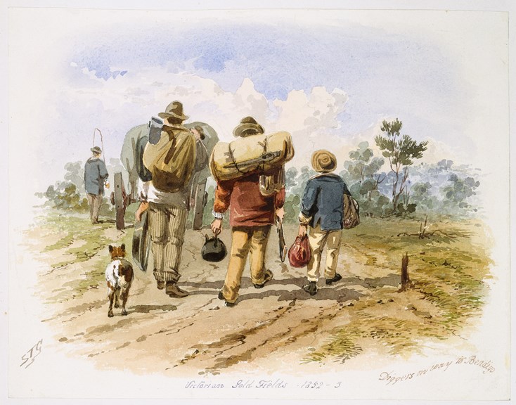 "Diggers on way to Bendigo", watercolour, 1852-3 by S.T. Gill