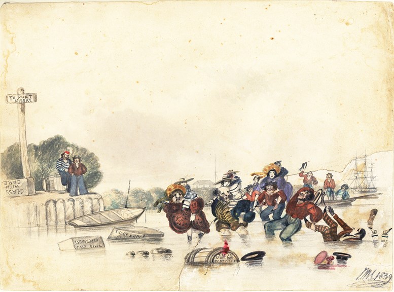 "Pioneers landing at Port Adelaide", a watercolour by John Michael Skipper, 1839.