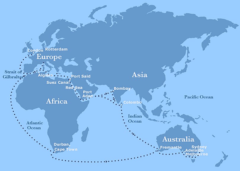 Routes to Australia by ship, 1900s–20s