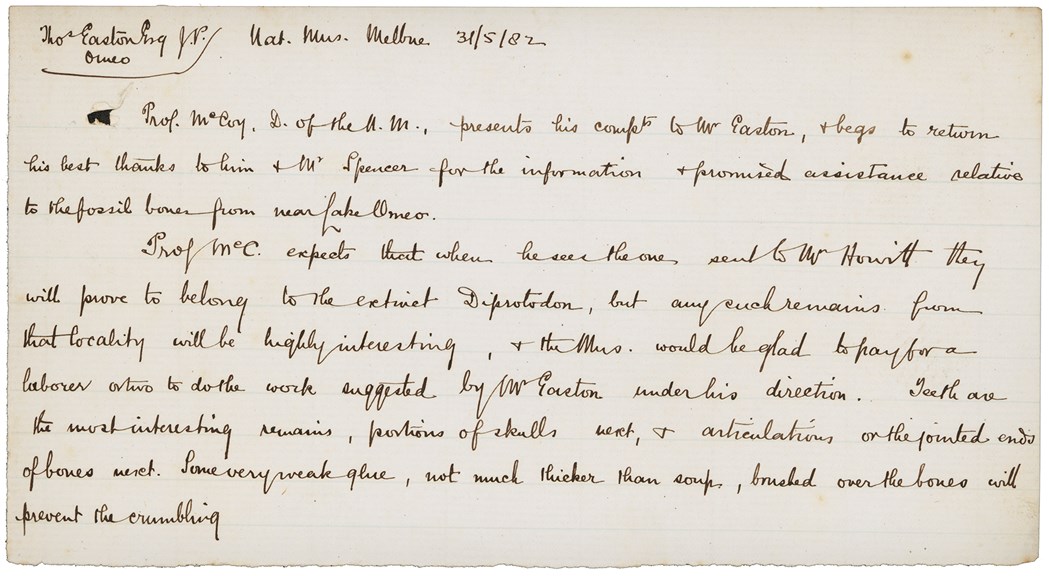 Letter from Professor Frederick McCoy to Mr Thomas Easton Esq., Omeo, 31 May 1882.