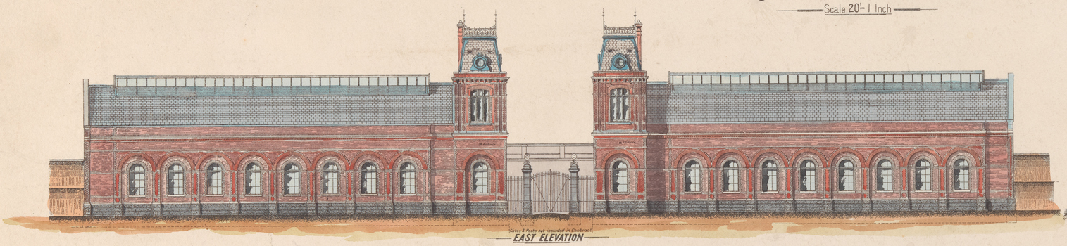 "East elevation": detail of a print of a hand-coloured general arrangement drawing of the Melbourne & Metropolitan Board of Works sewerage pumping station at Spotswood