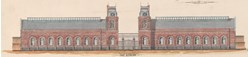 "East elevation": detail of a print of a hand-coloured general arrangement drawing of the Melbourne & Metropolitan Board of Works sewerage pumping station at Spotswood