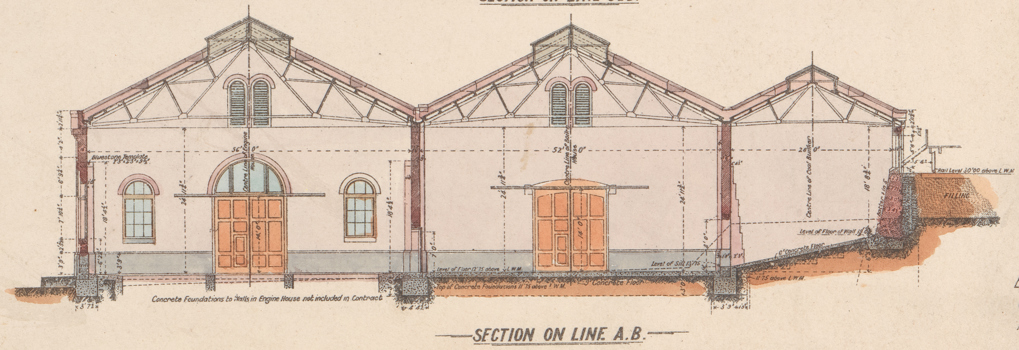 "Section on line A, B": detail of a print of a hand-coloured general arrangement drawing by Christian Kussmaul of the Melbourne & Metropolitan Board of Works sewerage pumping station at Spotswood