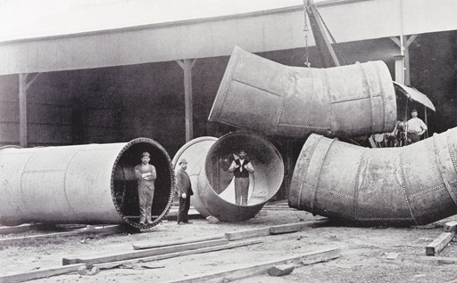 Six-foot wrought iron pipes for Rising Main, G. & C. Hoskins' Yard, South Melbourne, circa 1894
