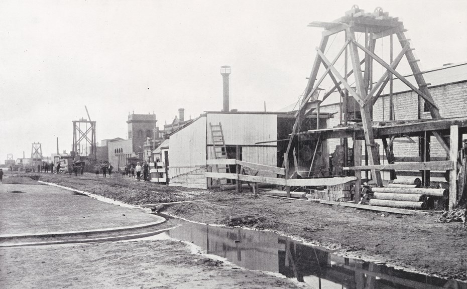 View of sewer construction shafts for Hobsons Bay main, section 3, Graham Street, Port Melbourne, circa 1895