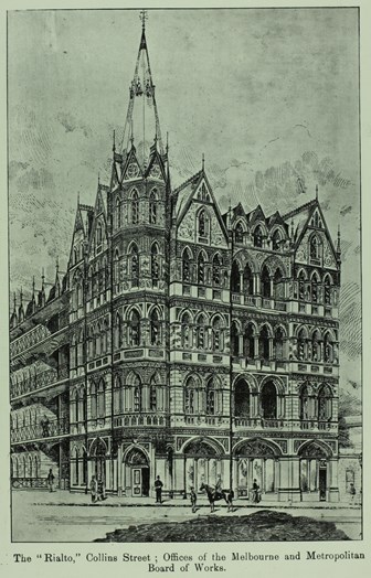 Drawing of the Rialto Building, Collins Street, Melbourne. Plate p71F from "The M.M.B.W. Sewerage Scheme", published in 1900.