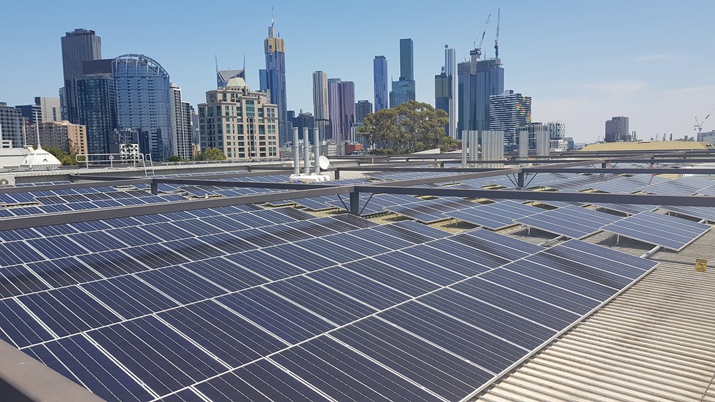 View of the Melbourne Museum roof with solar panels.