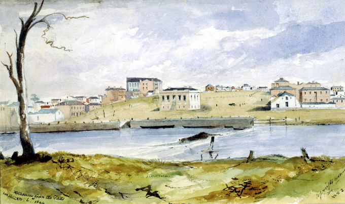 Melbourne from the Falls by Robert Russell, from sketch November 6, 1844. 