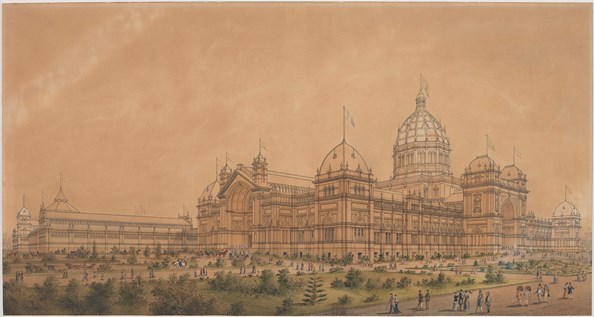 Watercolour Etching of the Royal Exhibition Building. Caption reads: 'The Exhibition Building Melbourne 1880/The South West Aspect of the Main Hall from Victoria Street/ and the Western Annexe from Rathdowne Street/ Architect - Reed & Barnes, Builder - David Mitchell'.