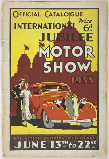 A 62 page booklet with a coloured cover showing a large car with a well-dressed couple in front of an outline of the Exhibition Building. The booklet is the official catalogue of the motor show held at the Exhibition Building from 13 - 22 June 1935.