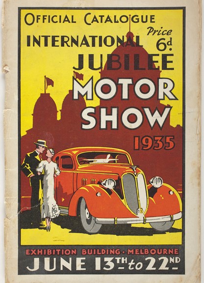 A 62 page booklet with a coloured cover showing a large car with a well-dressed couple in front of an outline of the Exhibition Building. The booklet is the official catalogue of the motor show held at the Exhibition Building from 13 - 22 June 1935.