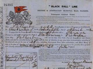 Passenger contract ticket for Elizabeth Pratt (aged 44) and her son Edward (aged 15) for steerage passage from London to Melbourne on the Black Ball Line clipper ship 'Netherby', departing 25 April 1862.