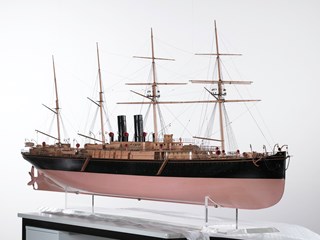 Model of the steamship SS Orient with auxiliary barque rig and four masts.
