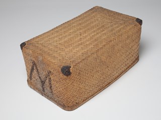 Two-part brown wicker travel basket, which was brought to Australia by Margaret Henderson Miller (1825-1925), when she migrated with her husband James (1815-1892), daughter Martha (1853-1930) and family from Scotland in 1872.