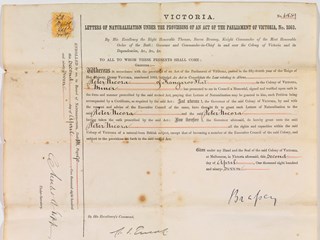 A3 sized paper document printed in black type with hand written names and dates in black ink, excess line spaced ruled out by lines in red ink. The document has been folded in half and then in half and quarter again presumably to fit into an envelope. There is an orange Victoria Stamp duty stamp near the top left hand corner, postmarked and dated 2 April 1897.