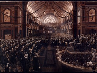 Painting by Charles Nuttall of the opening of the first Commonwealth Parliament in Melbourne's Royal Exhibition Building.