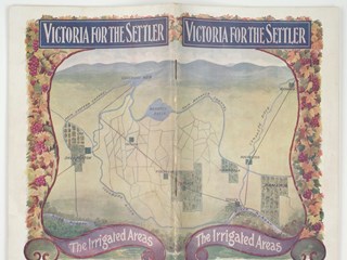 Booklet "Victoria for the Settler, the Irrigated Areas". Issued by the Crown Lands Department, Victoria. 64 pages, illustrated with photographs, tables.