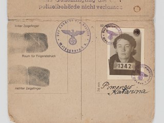 Yellowing card with black print and details filled out in black type. It includes a black and white image of Katarina with no 1342 on sign around her neck. There are also two fingerprints on the card and three purple official Nazi stamps.