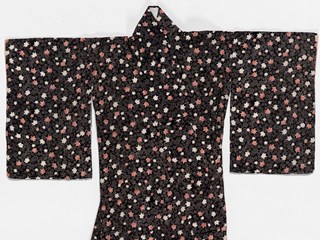 Kimono - black silk with white and pink maple leaves. Features a pale pink synthetic lining.