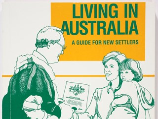 Guide book - Department of Immigration, 'Living in Australia'. Stiff paper cover, with 191 cream coloured pages with black printed text in English. Pages adhered to spine. Some sections of the book are illustrated.