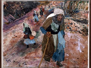 Artwork depicting plight of Kurdish refugees fleeing chemical warfare during the Gulf War. One woman dominates the foreground with stick in hand and three others can be glimpsed in the background, walking through a hostile arid landscape.