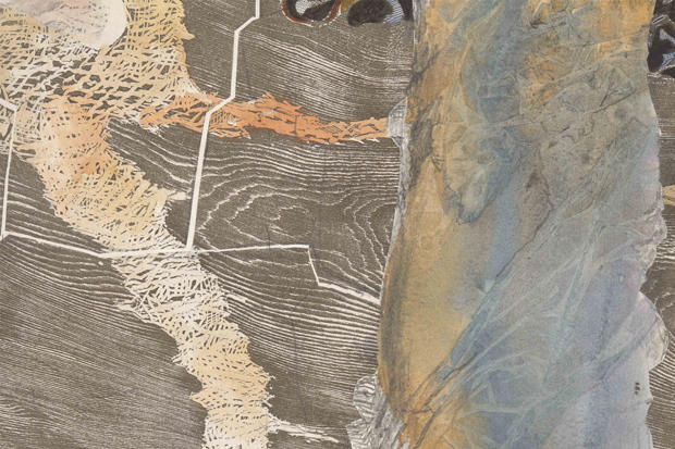 Digital image of a close up detail of part of a watercolour painting by John Wolseley. The artwork is titled Distant glimpses of the great floodplain seen through a veil of trees and hanging vines and was painted by John Wolseley in 2017. The artwork has been painted using watercolour paints on cream coloured paper; the colours of the paint are soft tones of browns and blues. The close up focuses on djalkurrk, the Yolgŋu name for a nodding swamp orchid (Geodorum densiflorum).