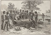 Drawing in which Aboriginal leaders sign the ‘treaty’ with John Batman, 1835