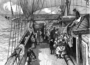 Newspaper sketch of emigrants filling in time during calm weather when they were allowed on deck, on board an Australian emigrant ship
