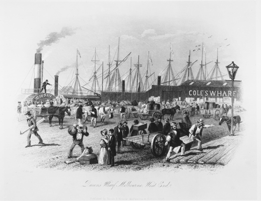 Engraving of Cole's Wharf with people loading and unloading carts, Melbourne by S. T. Gill & J. Tingle (engraver), circa 1857.