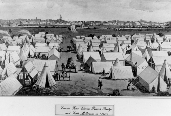 Drawing of a "canvas town", between Princess Bridge & South Melbourne, 1852
