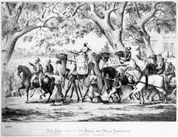 Lithograph depicting Afghan cameleers on the Burke and Wills Expedition, 1860, with well-wishers cheering them on