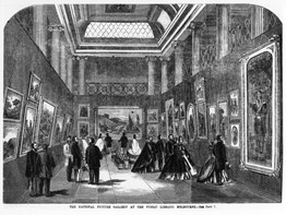 Drawing of a grand hall full of paintings and people: the National Picture Gallery at the Public Library, Melbourne