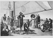 Drawing: Afghans at prayer on deck of ship from Illustrated Australian News, 26 November 1884, p. 189.