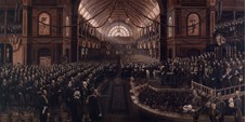 Monochrome oil painting by Charles Nuttall depicting the opening of the first Federal Parliament in the Exhibition Buildings, Melbourne, on 9 May 1901