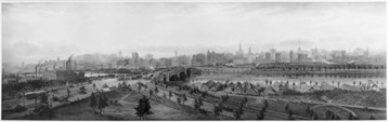 Painting of a panoramic view of Melbourne from the south side of the Yarra River, 1906
