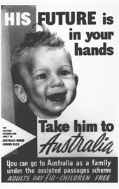 1950s immigration poster featuring a young boy's head and the slogan "His Future is in Your Hands"