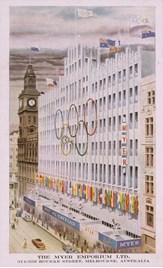 An illustration of the several storey-high Myer Emporium shopfront with the Olympic Rings painted on it, 1956.